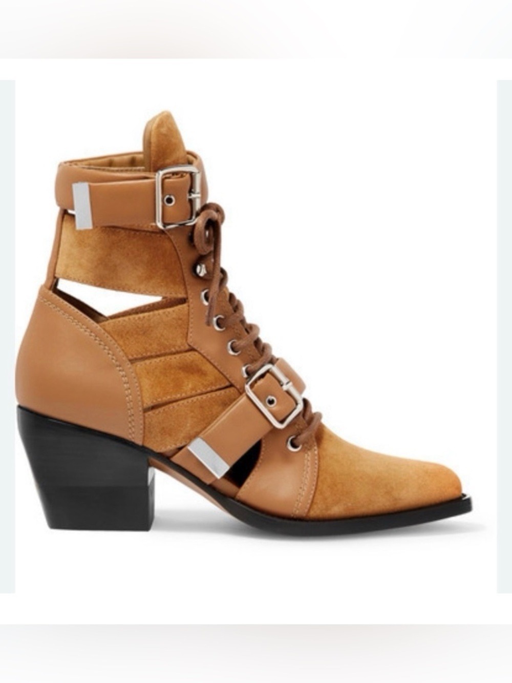 Chloe Rylee caramel suede and leather Cutout Lace-Up pointy toe Ankle Boot 39/ 8